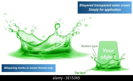 Transparent water crown in green colors with splashes and drops. It consists of two layers - front and back. You can insert any object between them, o Stock Vector