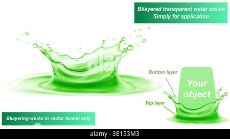 Transparent water crown in green colors with splashes and drops. It consists of two layers - front and back. You can insert any object between them, o Stock Vector