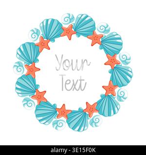 Seashell and starfish round frame. Catroon vector isolated illustration on white background Stock Vector