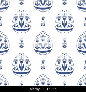 Seamless folk pattern with floral Easter eggs in blue line art style. Outline vector background. Stock Vector