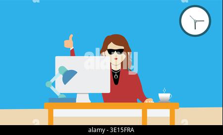 Confident Business Woman At Desk Giving Thumbs Up While Working On Computer In Office Stock Vector