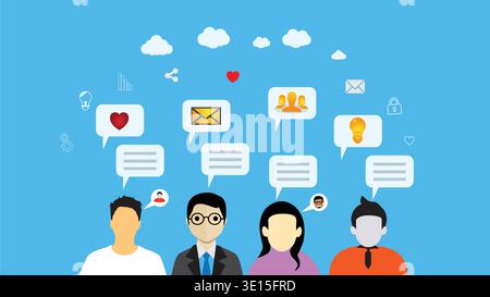 Business Team Communication Concept With Social Chat Bubbles, Messages, Ideas And Collaboration Stock Vector