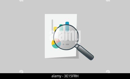 Business Data Analysis Report With Magnifying Glass Over Charts and Graphs Concept Illustration Stock Vector