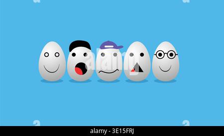 Cartoon Egg Characters Showing Different Emotions Together On Blue Background - Funny Faces And Friends Stock Vector