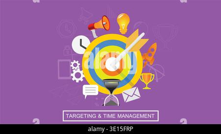 Targeting And Time Management Business Concept Illustration With Goal Setting And Productivity Icons Stock Vector