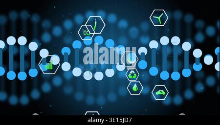 Displaying stylized DNA double helix glowing across dark gradient, with green eco hexagons Stock Photo