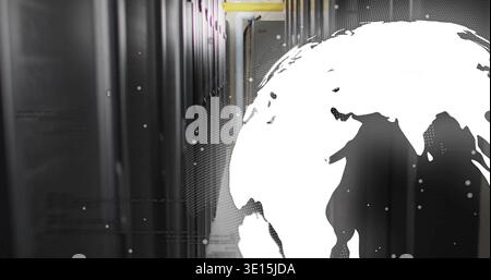 Displaying white globe overlay occupying right side of server aisle with racks, LEDs, yellow cable Stock Photo