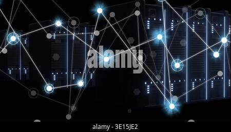 Displaying rack-mounted servers glowing inside data center, with LED status strips, network overlay Stock Photo