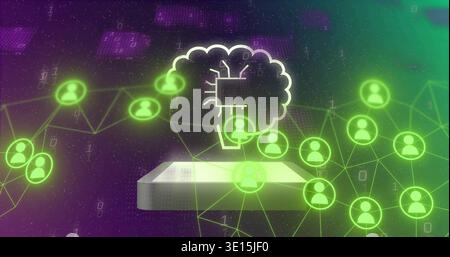 Hovering brain cloud displaying microchip above rectangular platform in data space with neon nodes Stock Photo