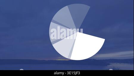 Displaying translucent pie chart hovering over coastal twilight, showing calm sea and white wedge Stock Photo