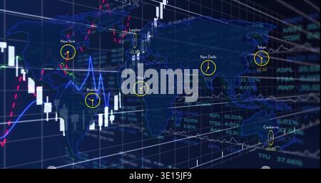 Vertical video: Displaying faint world map updating at market open, overlaying candles and clocks Stock Photo