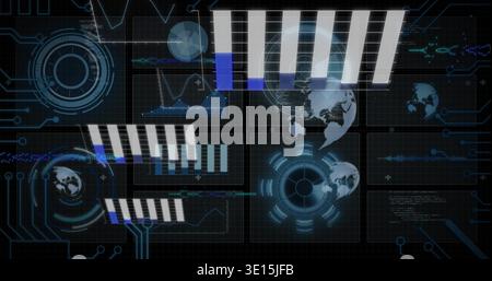 Displaying dashboard rendering vertical bar charts, circular HUD, globe icons, line graphs on grid Stock Photo