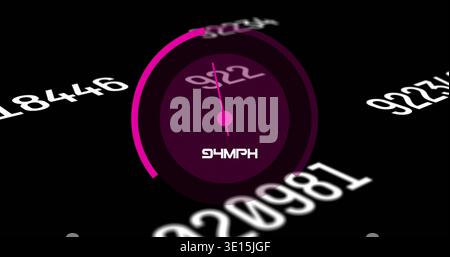 Displaying magenta circular gauge rotating needle toward 922 label black HUD, with floating numbers Stock Photo
