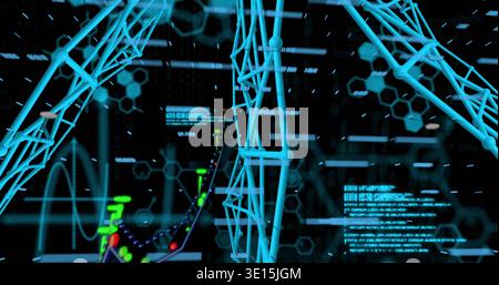 Displaying cyan tubular lattice centered in virtual UI, showing helix nodes and hexagon overlays Stock Photo