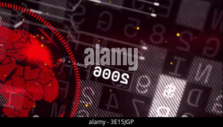 Displaying red globe occupying left on digital backdrop, featuring HUD ring, hex mesh, copy space Stock Photo