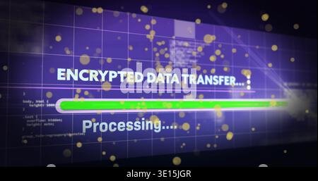 Displaying wide monitor showing ENCRYPTED DATA TRANSFER, Processing text, green bar in control room Stock Photo