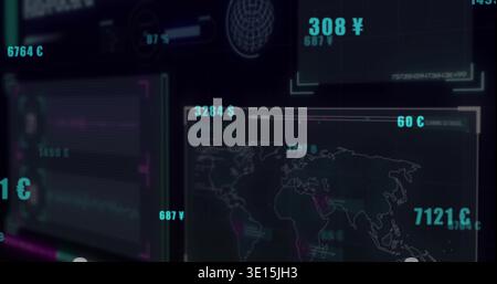 Displaying HUD data panels showing dotted world map and dollar, yen readouts on dim control screen Stock Photo