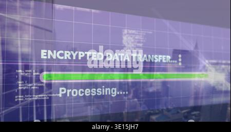 Displaying translucent panel showing ENCRYPTED DATA TRANSFER with green progress bar in dashboard Stock Photo