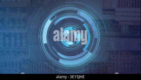 Displaying circular HUD rotating over blurred city skyline, with concentric rings and network lines Stock Photo