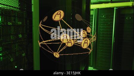 Hovering hologram sphere floating in data center, with server racks and metal mesh enclosure Stock Photo