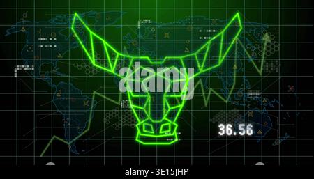 Displaying neon green wireframe bull head forming upward trend on virtual dashboard, with 36 Stock Photo