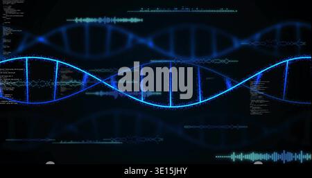 Displaying glowing blue DNA double helix across holographic lab UI, showing code and waveforms Stock Photo