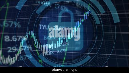 Displaying central clear padlock icon guarding fintech dashboard, showing candlestick, green trend Stock Photo