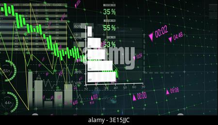 Displaying complex financial visual on dark 3D grid showing green candlestick, stacked bars, gauges Stock Photo