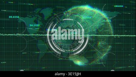 Displaying particle globe and concentric HUD rings in holographic control panel, with waveform Stock Photo