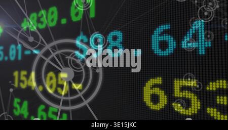 Displaying dot-matrix digits on trading dashboard, showing cyan $98 Stock Photo