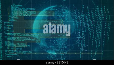 Rotating central dotted globe mesh displaying code, streams, UI panels on dashboard Stock Photo