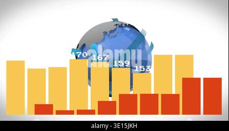 Displaying 3D globe with turquoise ribbons, yellow or red bars in infographic showing 170,167,159,15 Stock Photo