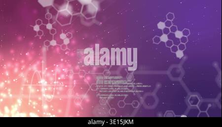 Displaying centered molecular data viz in purple-pink gradient, with hexagon network, code block Stock Photo