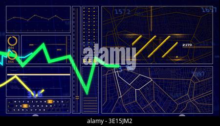 Displaying neon green jagged line graph traversing panels on control display, with wireframe maps Stock Photo