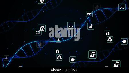 Displaying glowing blue helix strands winding across digital backdrop, with recycling and CO2 icons Stock Photo
