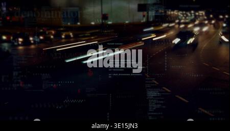 Streaming white red light streaks crossing urban highway at night, showing code overlays Stock Photo