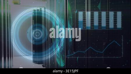 Hovering futuristic circular HUD projecting diagnostics over server racks, bar and line charts Stock Photo