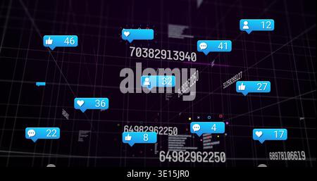 Floating blue notification bubbles moving through virtual 3D grid, showing icons and counters Stock Photo