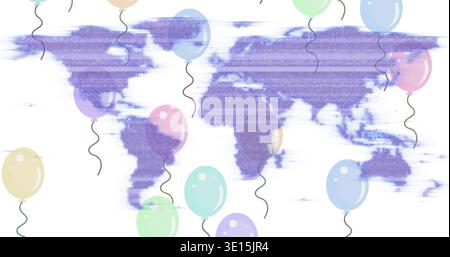 Displaying stylized purple world map on white canvas with pastel balloons and wavy strings, glitch Stock Photo