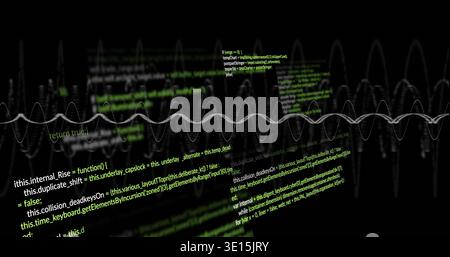 Displaying central white sine wave in black UI, showing floating green syntax code and ghost waves Stock Photo