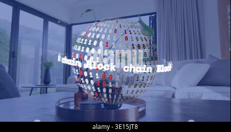 Rotating binary-covered globe with lit blockchain band on metal tray on coffee table in living room Stock Photo