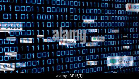 Displaying dense blue binary grid with translucent numeric label boxes and map-pin icons on display Stock Photo