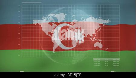 Showing Azerbaijan tricolor flag in graphic layout, featuring crescent, star, map overlay and grid Stock Photo