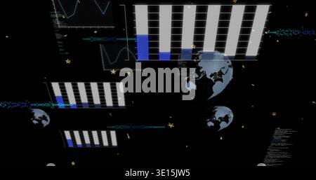 Displaying tall bar chart floating in virtual dashboard, showing blue bases, globes, dotted waves Stock Photo