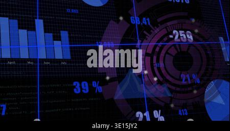 Displaying data dashboard overlay on black grid, showing circular HUD, bar chart, numeric labels Stock Photo