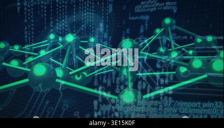Glowing teal-green nodes connecting with rods in holographic data space, showing floating code Stock Photo