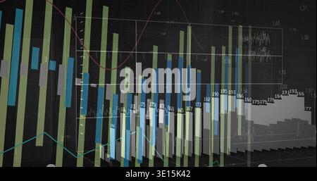 Displaying 3D bars and line graphs on dark dashboard, showing red and teal lines, gridlines Stock Photo