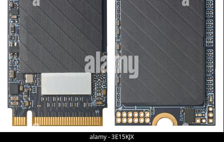 nvme m.2 solid state drives isolated white background, circuit boards with memory chips and gold connectors, close-up view macro Stock Photo