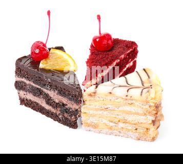 Pieces of various cakes isolated on white Stock Photo