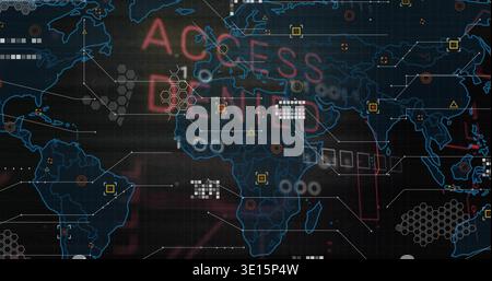 Displaying stylized world map showing cyber overlays on dark grid dashboard, with red denial text Stock Photo